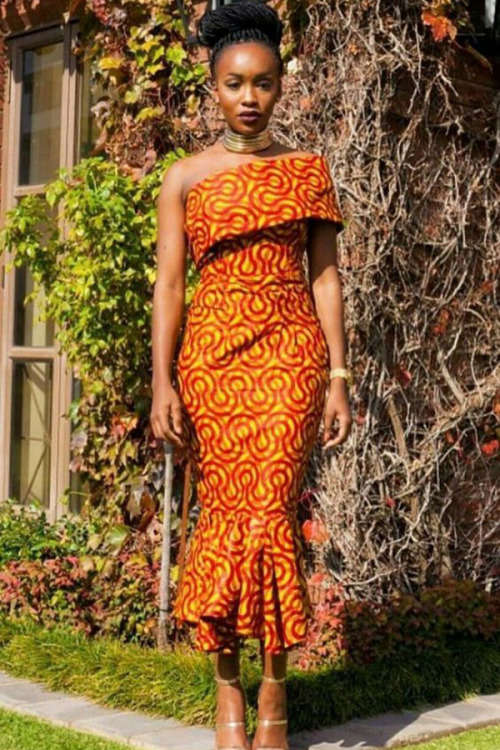 SINGLE SHOULDER MERMAID HEM AFRICAN PRINT DRESS - S/M/L