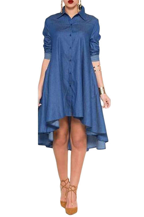 BLUE DENIM COLLARED SHIRT LONG SLEEVED MIDI DRESS - S/M/L