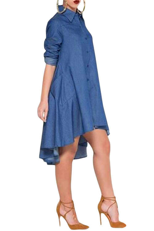 BLUE DENIM COLLARED SHIRT LONG SLEEVED MIDI DRESS - S/M/L