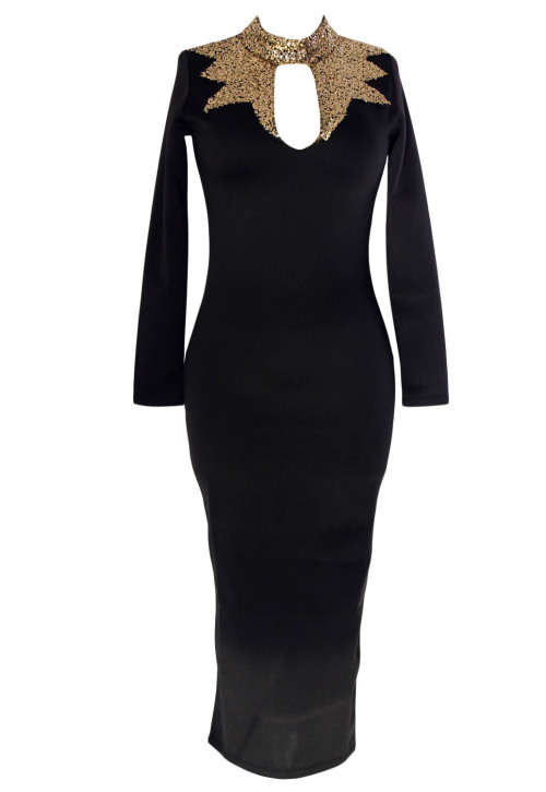 BLACK GOLD SEQUINS MOCK NECK MIDI DRESS - M/L/XL