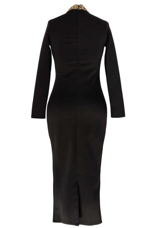 BLACK GOLD SEQUINS MOCK NECK MIDI DRESS - M/L/XL