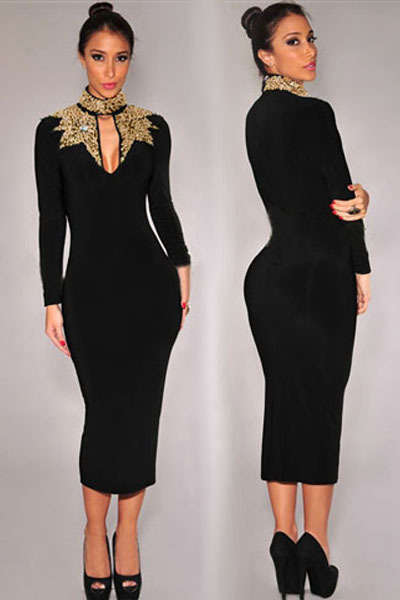 BLACK GOLD SEQUINS MOCK NECK MIDI DRESS - M/L/XL