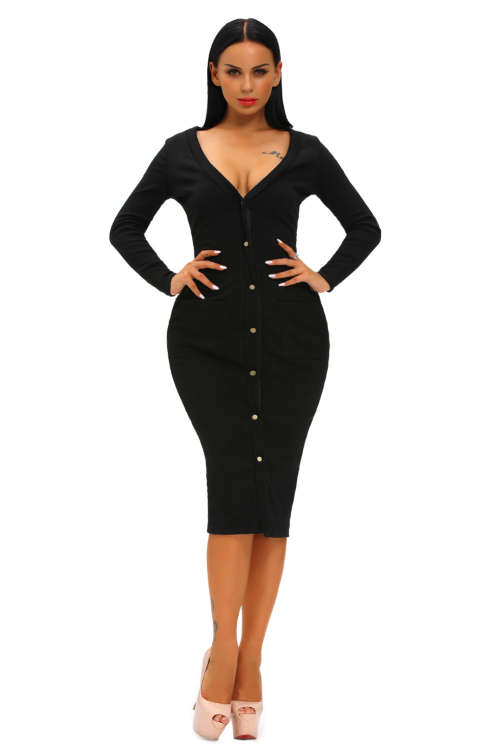 ***HOT SPECIAL*** SEXY BLACK BUTTON UP RIBBED MIDI CARDIGAN DRESS - S/M/L