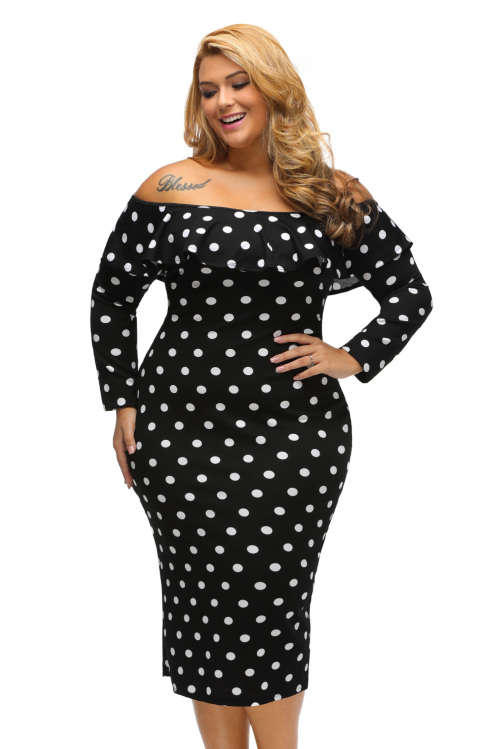***PLUS SIZE*** BLACK POLKA DOT OFF SHOULDER LONG SLEEVE MIDI DRESS - XL/2XL/3XL
