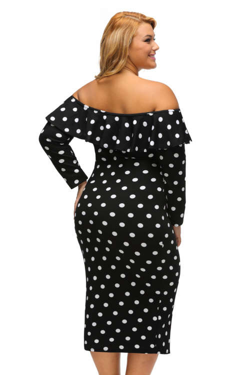 ***PLUS SIZE*** BLACK POLKA DOT OFF SHOULDER LONG SLEEVE MIDI DRESS - XL/2XL/3XL