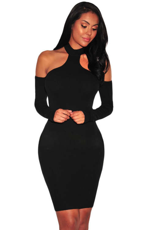 GORGEOUS BLACK KNIT RIBBED CHOKER OFF SHOULDER DRESS - S/M/L