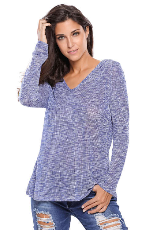 BLUE HOODED V-NECK LONG SLEEVE LOOSE KNITTED TOP - S/L
