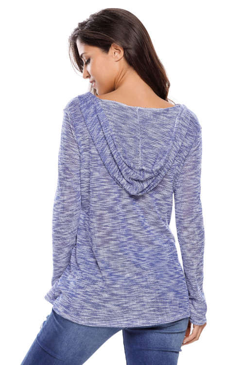 BLUE HOODED V-NECK LONG SLEEVE LOOSE KNITTED TOP - S/L