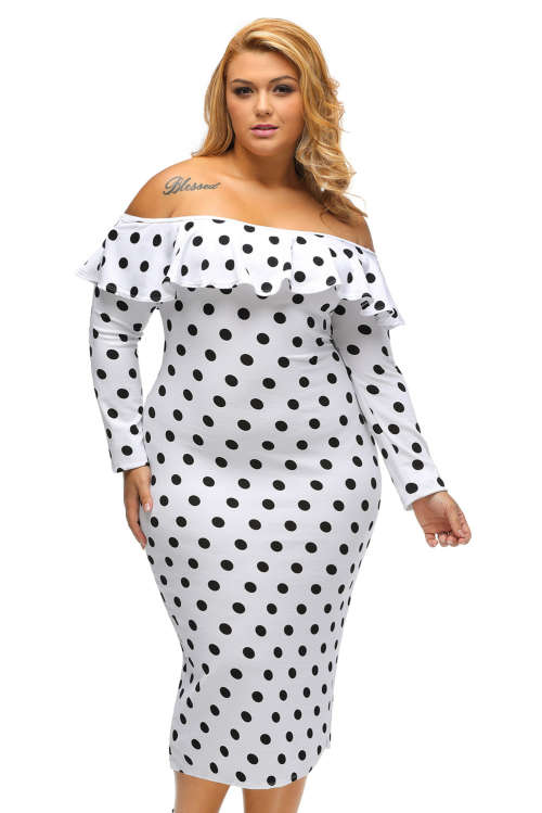 ***PLUS SIZE*** WHITE POLKA DOT OFF SHOULDER LONG SLEEVE MIDI DRESS - XL/2XL/3XL