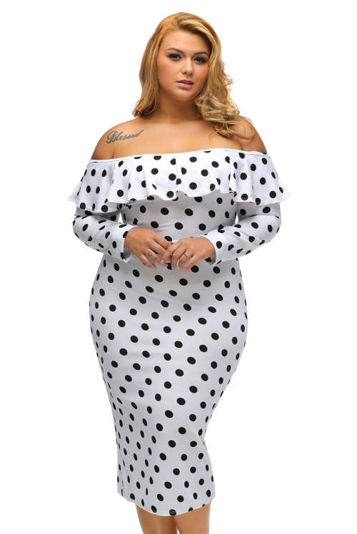 ***PLUS SIZE*** WHITE POLKA DOT OFF SHOULDER LONG SLEEVE MIDI DRESS - XL/2XL/3XL