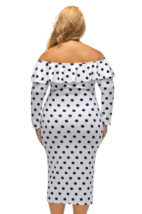 ***PLUS SIZE*** WHITE POLKA DOT OFF SHOULDER LONG SLEEVE MIDI DRESS - XL/2XL/3XL
