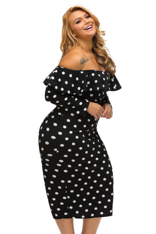 ***PLUS SIZE*** BLACK POLKA DOT OFF SHOULDER LONG SLEEVE MIDI DRESS - XL/2XL/3XL