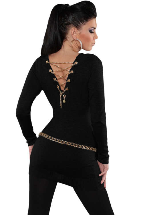 BLACK KNIT V NECK CHAIN LACE UP BACK SWEATER TOP - S/M/L