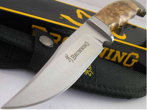 Browning Clip Bowie Hunter BurlWood Finger Groove Knife