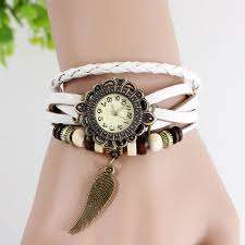 Retro vintage white/brown quartz leather angel wing watch gift