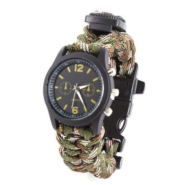 Survival Bracelet Compass/Flint/Fire Starter/Whistle Camping Gear/Watch - Army Green Camo