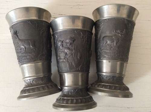 Antique Vintage Pewter Cup with Hunting Scenes Frieling-Zinn Germany