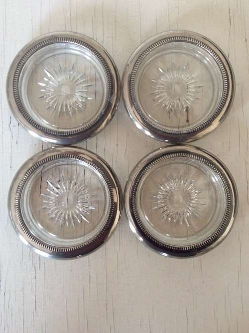Set of 4 Vintage Crystal Glass Coasters with Silver Plated Edges