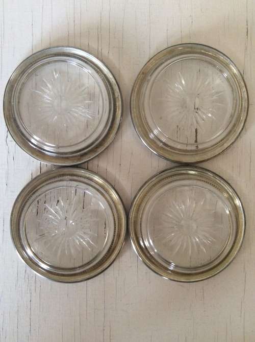 Set of 4 Vintage Crystal Glass Coasters with Silver Plated Edges