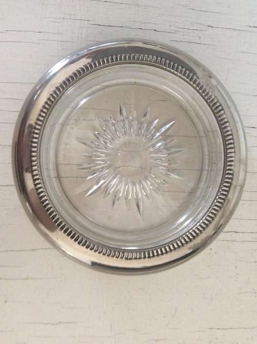 Set of 4 Vintage Crystal Glass Coasters with Silver Plated Edges