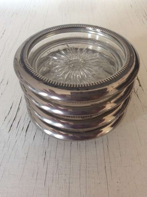 Set of 4 Vintage Crystal Glass Coasters with Silver Plated Edges