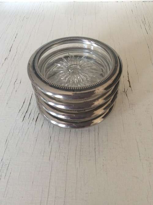 Set of 4 Vintage Crystal Glass Coasters with Silver Plated Edges