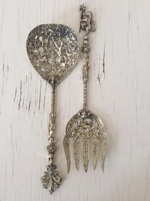 Antique Vintage Salad Servers Serving  Spoon & Fork  Italy Ornate Angel Cherub Italy