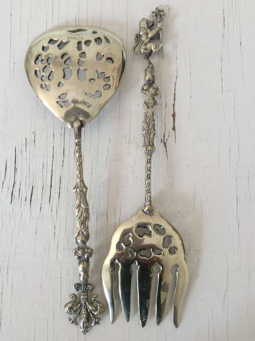 Antique Vintage Salad Servers Serving  Spoon & Fork  Italy Ornate Angel Cherub Italy