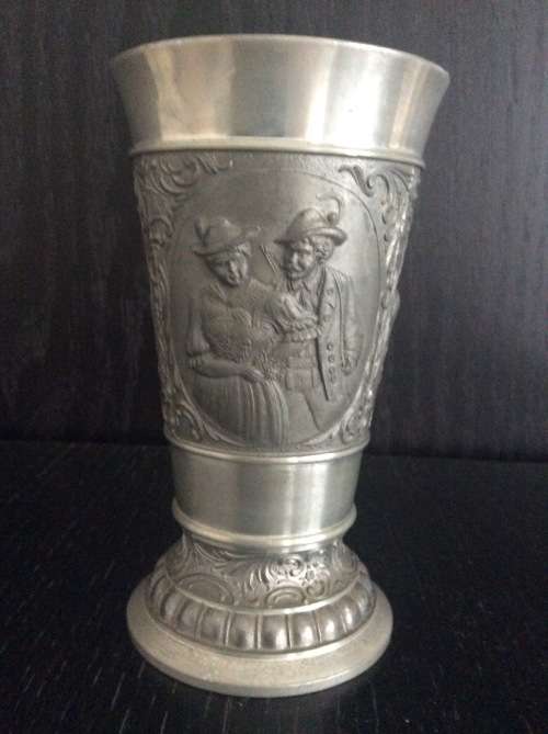 Antique Vintage Pewter Cup with Hunting Scenes Frieling-Zinn Germany