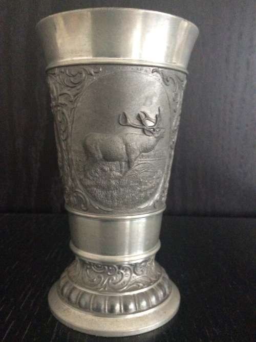 Antique Vintage Pewter Cup with Hunting Scenes Frieling-Zinn Germany