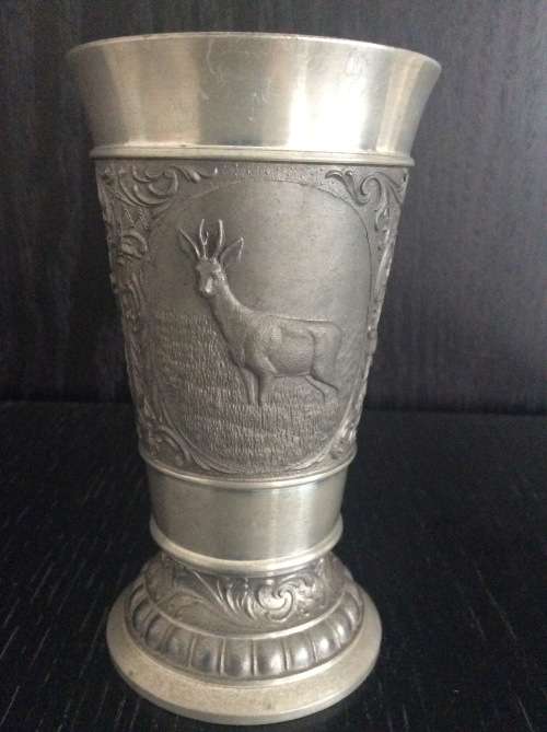 Antique Vintage Pewter Cup with Hunting Scenes Frieling-Zinn Germany