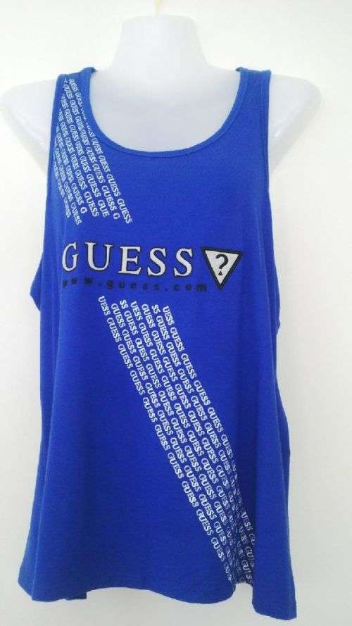 Sapphire Blue Vest top with Silver sparkly writing by Guess Size Large