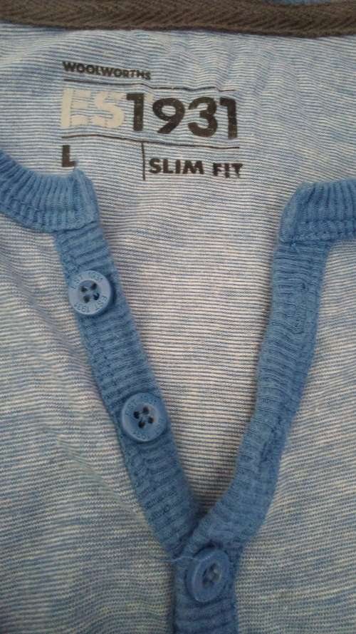 Mens Blue T shirt with Button detail on collar by Woolwirths Size Large Slim Fit