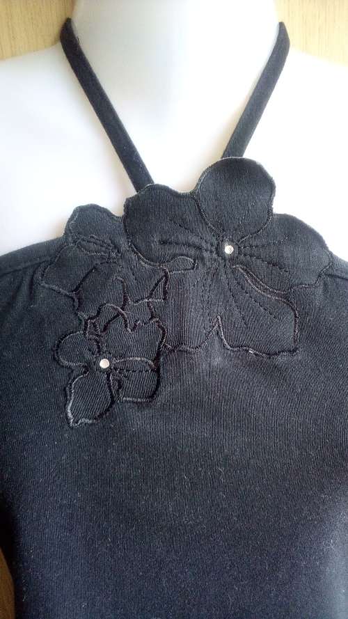 Black Halterneck Top with Flower and Glass Bead detail Size Medium