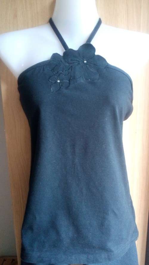 Black Halterneck Top with Flower and Glass Bead detail Size Medium