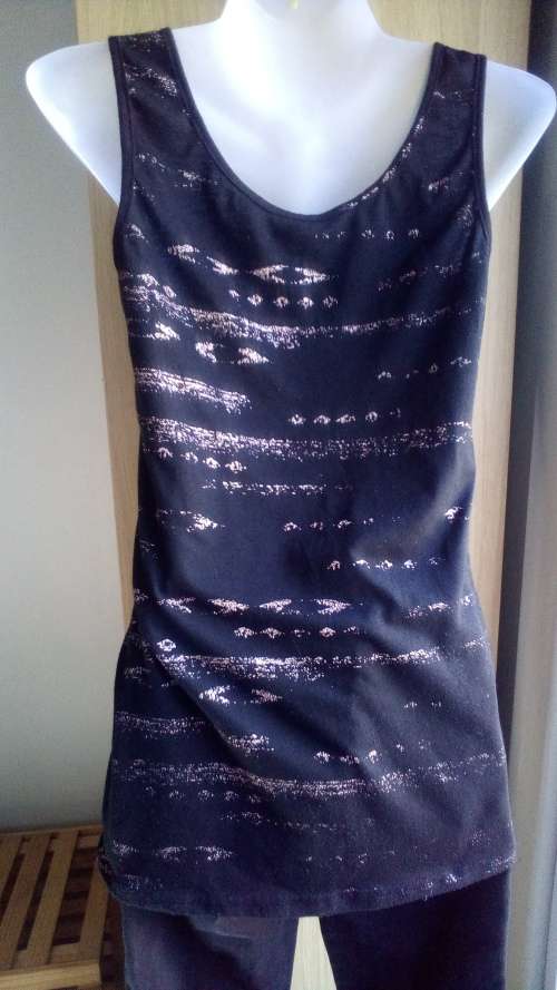 Black Vest Top With Gold Print by RT Size 10