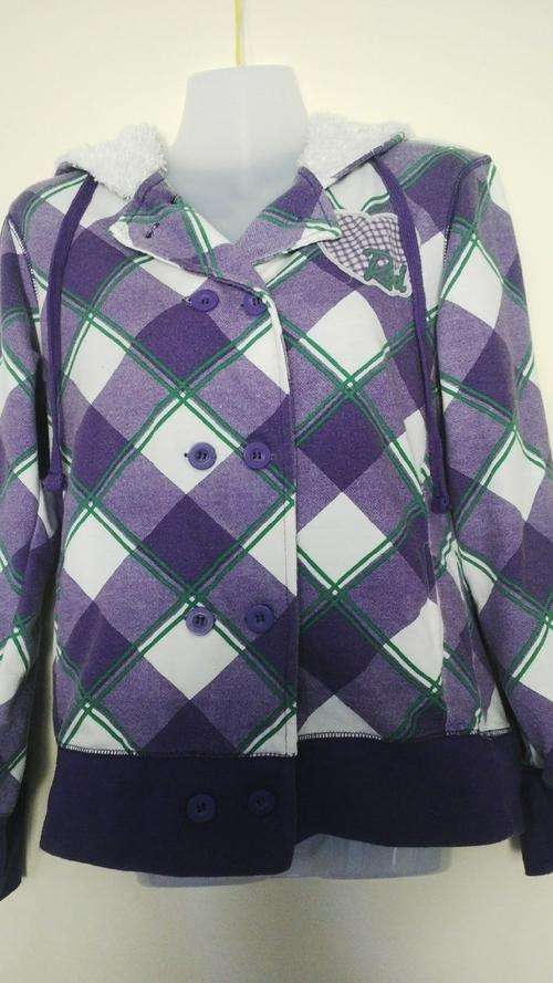 Red surf Purple checked double breasted jacket  with fleece lined hood size Medium