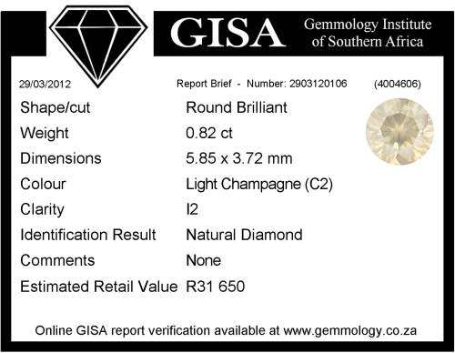 G I S A Certified 0.82ct  Round Light Champagne (C2) Natural Diamond