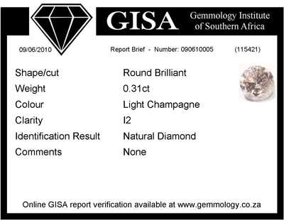 GISA certified 0.31ct  I2 - light champagne  natural diamond