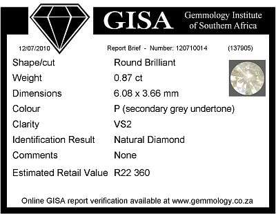 GISA certified 0.87ct  { VS 2  } colour P natural diamond - Bargain { R22360.00}