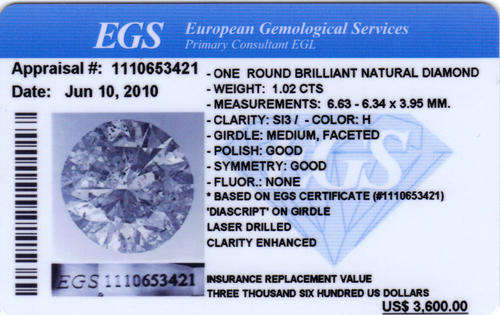 EGS certified 1.02ct Round  colour H { SI 3 } Natural Engagement Diamond