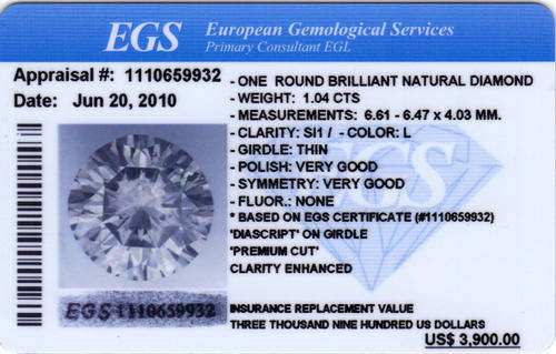 EGS certified round 1.04ct  { SI 1 } colour L - Engagement Diamond