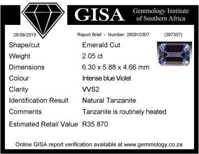 GISA certified - Huge 2.05ct - Intense blue Violet - VVS2 - Natural Emerald Cut Tanzanite- R35870.00