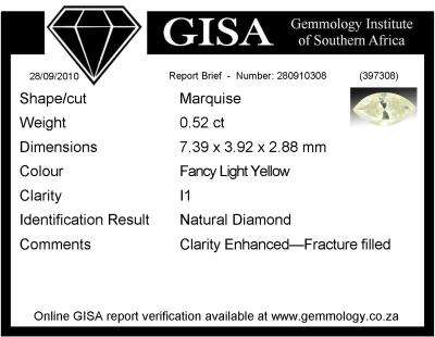 GISA certified  0.52ct  - Fancy Light Yellow -( i \1 ) - Marquise Natural Diamond - Crazy R1 Start