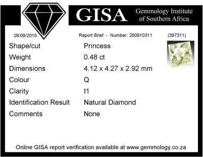 GISA Certified -  0.48ct  Princess  - colour Q -  ( i \ 1 ) Natural Diamond - Crazy R1 Start