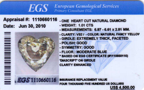 EGS certified  1.01ct  { VS2 } Heart cut natural Fancy Yellow Diamond
