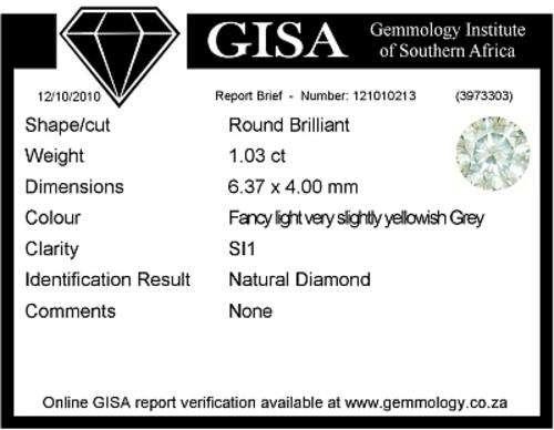 GISA certified 1.03ct  - ( Si \ 1) Fancy slight yellowish Grey Natural Diamond