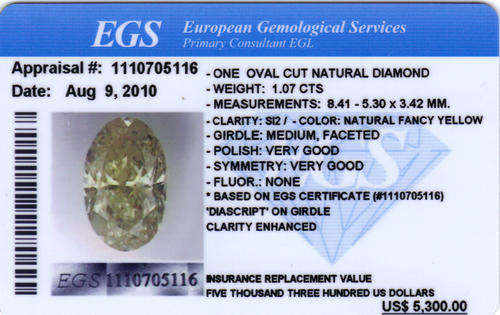 EGS certified 1.07ct  Fancy Yellow Si2 Oval Diamond