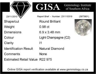 GISA certified 0.98ct ( i1)  Light Champagne(C2) Natural Diamond