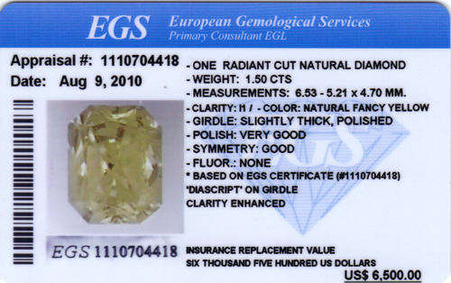 Huge EGS certified  1.50ct  -  i1  Fancy Yellow Radiant Diamond - R43 000.00